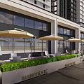 Modern Commercial Landscape With Tall Residential Buildings Orange Wooden Structure Bicycles Benches Trees And Paved Ground