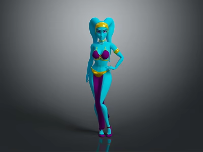 Blue Skinned Game Movie Character With Double Bun Hairstyle Purple Yellow Outfit And Golden Accessories 3d model