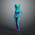 Blue Skinned Game Movie Character With Double Bun Hairstyle Purple Yellow Outfit And Golden Accessories