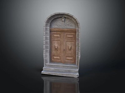 Stone Entrance Gate With Arched Top And Carved Double Doors Design Details 3d model
