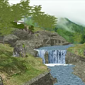 Garden Landscape Design With Hillside Stream Waterfall And Green Trees Path 3d model