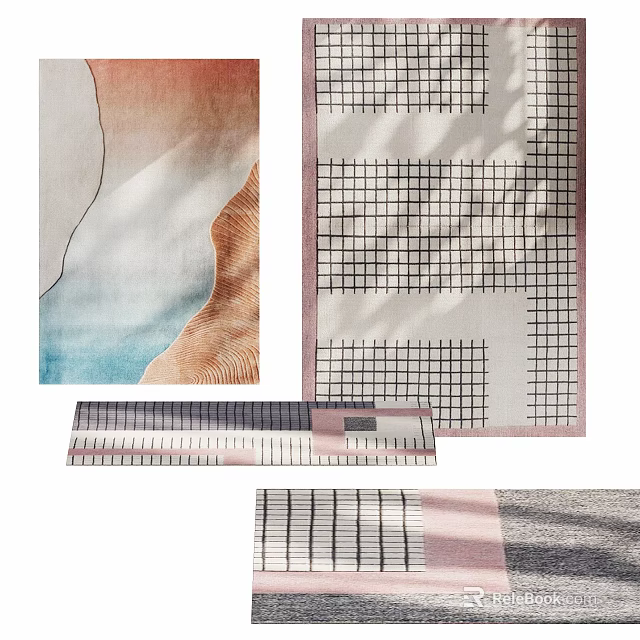 Stylish Square Rugs With Grid Patterns Wavy Textures And Pastel Color Designs 3d model