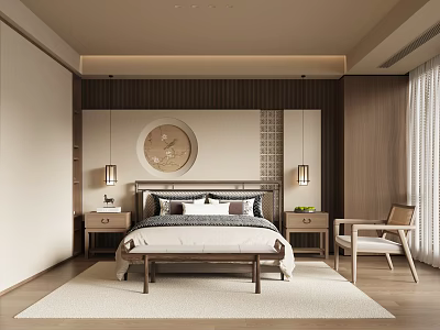 Warm Modern Bedroom Interior Design With Wooden Bed Nightstands Pendant Lights And Round Art 3d model