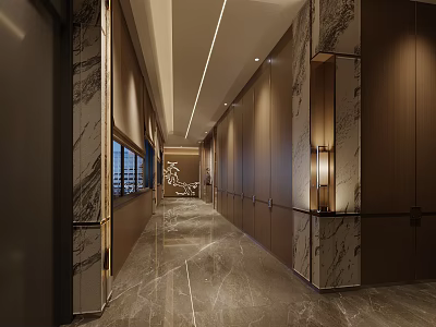 Luxury Modern Restaurant Corridor Design With Marble Flooring And Natural Stone Accents And Warm Lighting 3d model