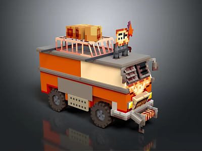 Orange And Beige Truck With Roof Platform Railing Cargo Box And Small Figure 3d model