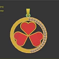 Gold Pendant Featuring Circular Frame Red Clover Heart Shaped With Diamond Encrusted Edge