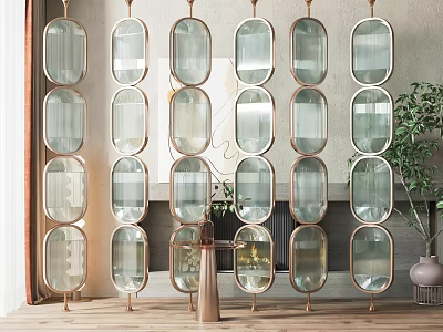 Elegant Oval Glass Panel Room Divider with Brass Frame in Modern Interior Space 3d model