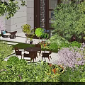 Lush Courtyard Garden Design With Various Green Plants Colorful Flowers And Outdoor Table Chairs