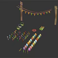 Festive Scene Decor Components With Wooden Poles Colorful Bunting Flags Flower Bunches And Balloon Strings