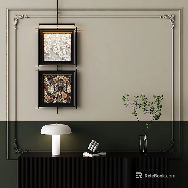 Stylish Interior Decor With Framed Artworks White Table Lamp And Green Plant 3d model 