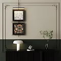 Stylish Interior Decor With Framed Artworks White Table Lamp And Green Plant