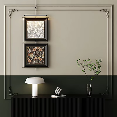 Stylish Interior Decor With Framed Artworks White Table Lamp And Green Plant 3d model