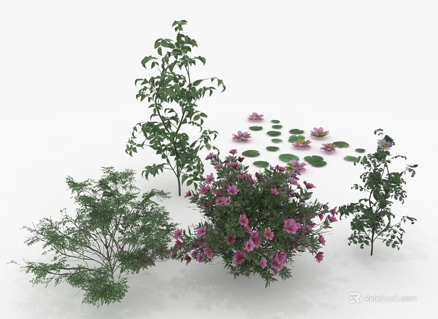 Diverse Garden Plants Featuring Purple Flowering Shrubs Green Trees And Lily Pads 3d model 