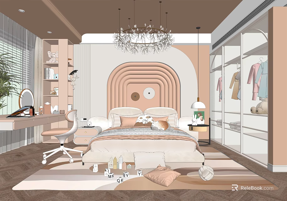 Soft Pink Beige Kids Room Interior Design With Cozy Bed Study Desk And Chandelier Rug 3d model 