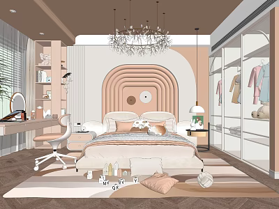 Soft Pink Beige Kids Room Interior Design With Cozy Bed Study Desk And Chandelier Rug 3d model