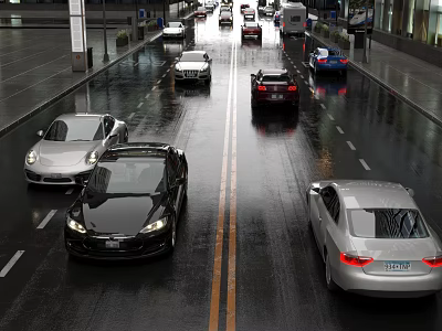 Multiple Black Silver and White Cars Driving on Wet City Street 3d model