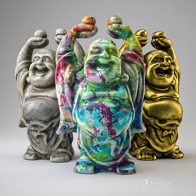 Colorful Golden and Gray Laughing Buddha Sculptures with Raised Hands 3d model 