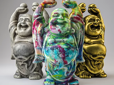 Colorful Golden and Gray Laughing Buddha Sculptures with Raised Hands 3d model