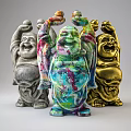 Colorful Golden and Gray Laughing Buddha Sculptures with Raised Hands