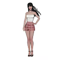 Woman in White Camisole Red White Plaid Skirt Black High Heels Black Hair Three Angles
