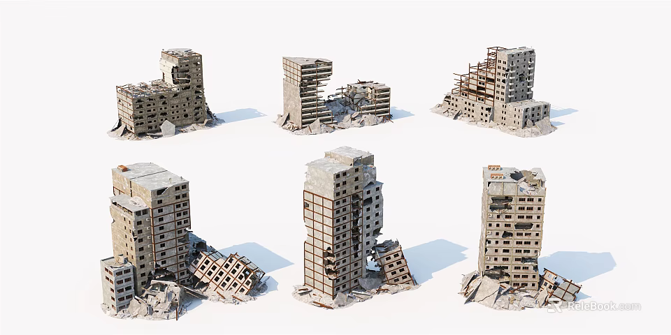 Collapsed Building Components With Damaged Concrete Structures And Debris 3d model 