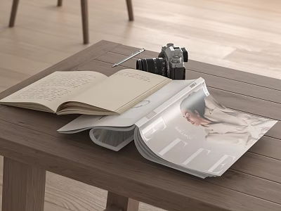 Open Notebook and Magazine with Person Photo on Wooden Table with Camera and Pen 3d model