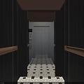 Modern Elevator Lobby With Dark Walls Lighting Strips Metal Doors And Patterned Floor 3d model