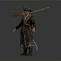 Pirate Character Wearing Tricorn Hat Carrying Musket And Long Coat