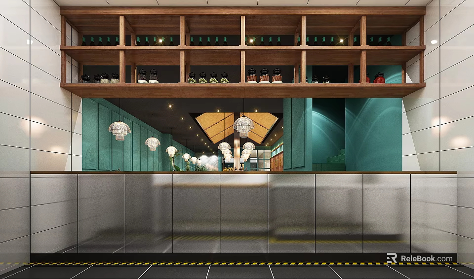 Elegant Modern Restaurant Interior With Wooden Wine Racks And Hanging Lights 3d model 