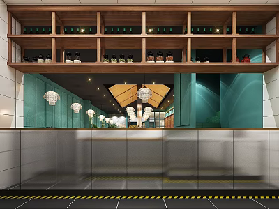 Elegant Modern Restaurant Interior With Wooden Wine Racks And Hanging Lights 3d model