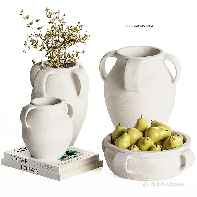 Decorative Ornament Set with White Ceramic Vases Bowl of Pears Dried Flowers and Books 3d model 