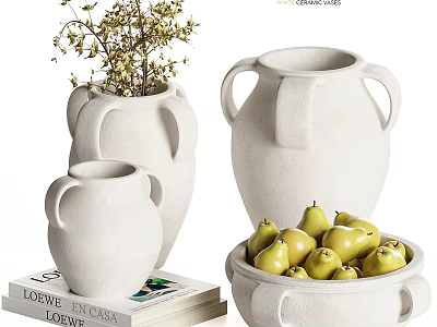 Decorative Ornament Set with White Ceramic Vases Bowl of Pears Dried Flowers and Books 3d model