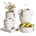 Decorative Ornament Set with White Ceramic Vases Bowl of Pears Dried Flowers and Books