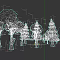 Low Poly Style Arbor with Green Canopies Brown Trunks and Various Shapes on Black Background