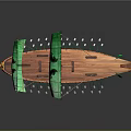 Ancient Wooden Galley Water Vessel With Green Sails Rowing Oars And Curved Bow