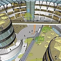 Modern Commercial Street Design With Glass Roof Multiple Floors And Pedestrian Walkways
