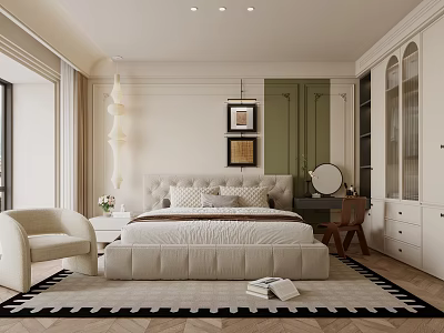 Modern Bedroom Interior with Beige Tufted Bed Green Cabinet and Black White Geometric Rug 3d model