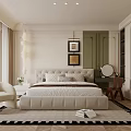 Modern Bedroom Interior with Beige Tufted Bed Green Cabinet and Black White Geometric Rug