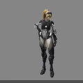 Futuristic Female Character In Black And White Armor With Blonde Ponytail And Blue Glowing Elements