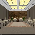 Traditional Chinese Meeting Room With Beige Walls Square Skylight Ceiling White Sofas And Green Plants
