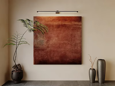 Large Brown Abstract Painting Hanging On Wall With Potted Plant And Vases 3d model