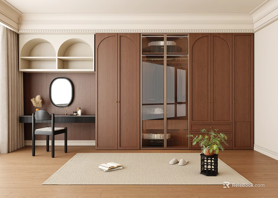 Modern Dark Brown Wooden Wardrobe With Glass Door Dressing Table And Mirror 3d model 