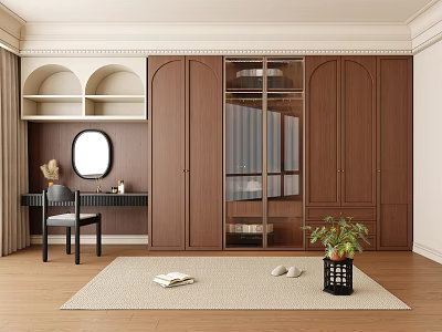 Modern Dark Brown Wooden Wardrobe With Glass Door Dressing Table And Mirror 3d model
