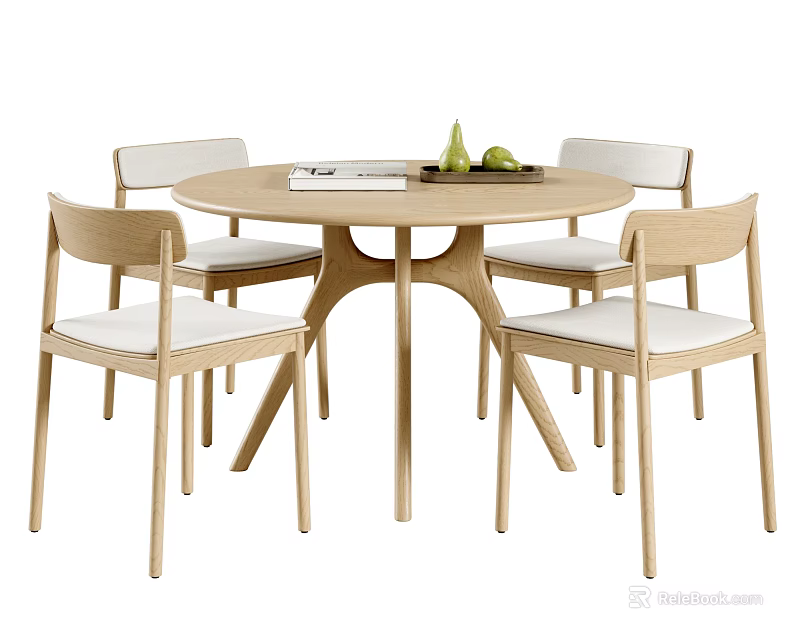 Modern Wooden Round Dining Table Set With Four White Cushioned Chairs 3d model