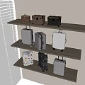 Various Suitcases and Luggage with Wheels Patterns and Colors on Wooden Shelves