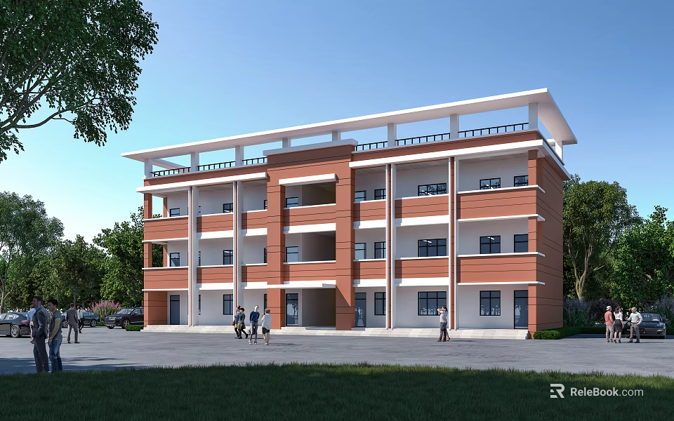 Red Brick Multi Story Office Building With White Frames Flat Roof And Green Trees Around 3d model 