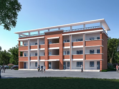 Red Brick Multi Story Office Building With White Frames Flat Roof And Green Trees Around 3d model