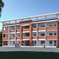 Red Brick Multi Story Office Building With White Frames Flat Roof And Green Trees Around