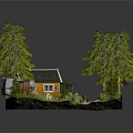 Cartoon Scene With Cozy Cabin Pine Trees Patio Furniture Rocks And Path