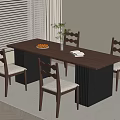Modern Wooden Dining Table Set with Four Chairs Fruit Bowl and Window Blinds